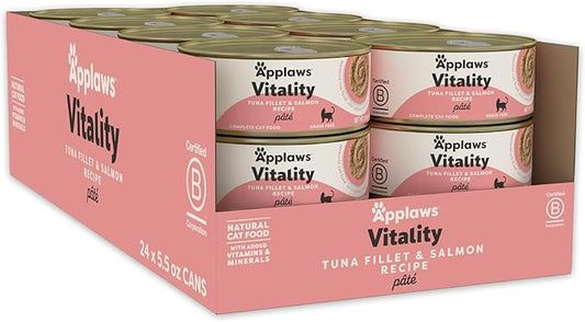 Applaws Vitality Wet Cat Food Paté, Natural Canned Cat Food, Wet Food for Cats with Added Vitamins and Minerals, Grain Free, Carrageenan Free, Tuna Fillet and Salmon (24 Count, 5.5oz Cans)-PawvioPets