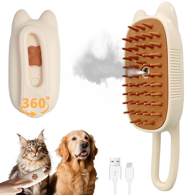 4 in 1 Cat Steam Brush Rechargeable Anti-Static Pet Spray Hair Removal Comb for Shedding and Grooming Multi-functional Pet Massage Brushes for Cats Dogs Small Animals-PawvioPets