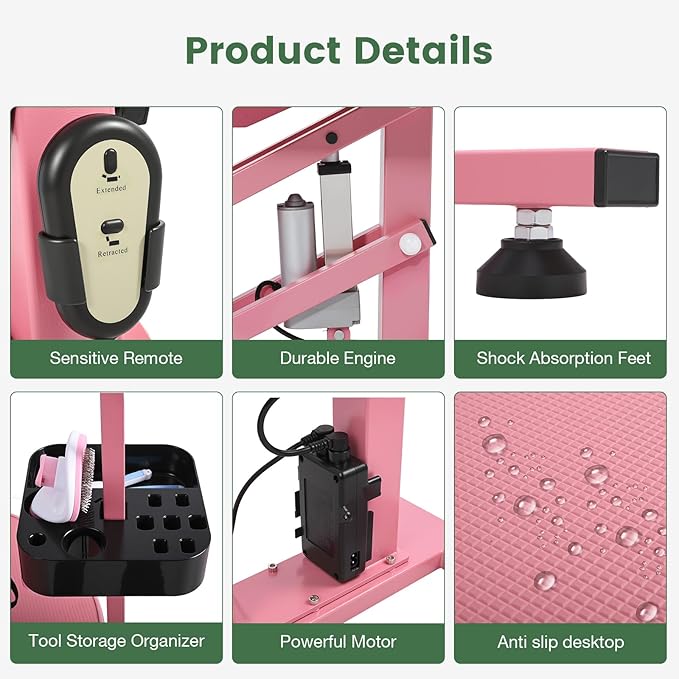 Electric Hydraulic Lift Pet Dog Grooming Table, 24Inch Grooming Desktop for Small Dogs, with Overhead Arm, Wireless Remote, Tool Organizer, Pink-PawvioPets