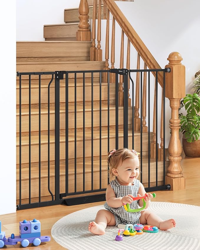 34" Extra Tall Baby Gate for Stairs, Auto Close Stroller Friendly Dog Gate Indoor for Doorways, Pressure Mounted 29"-51" W Baby Gate, Easy Walk Through Gate for Children & Pets, Black-PawvioPets