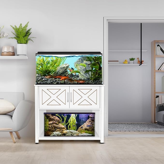 40 Gallon Tank Stand with Cabinet and Power Outlets, Heavy Duty Metal Aquarium Stand for 40-50 Gallon Breeder Tank, Turtle Tank, Double Terrarium Stand, 660LBS Capacity, White-PawvioPets