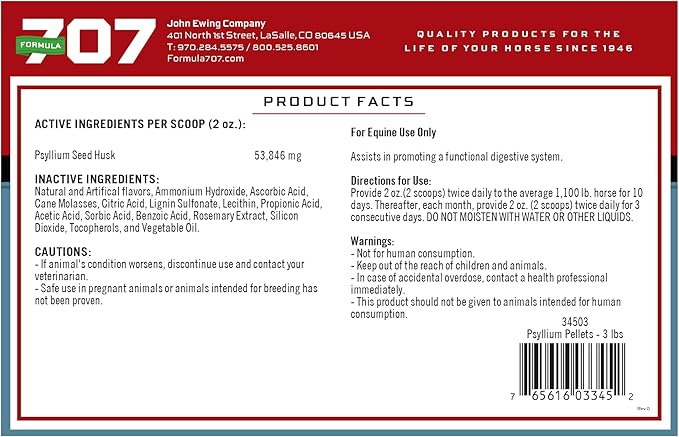 Formula 707 Psyllium Pellets Equine Supplement (3lb Jar - 12 Day Supply)-PawvioPets