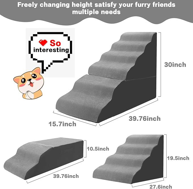 Dog Stairs for High Beds 30-36 inches Tall, 6-Step Dog Steps for Bed 32-36 inches for Small Large Dogs, Dog Ramp for Bed, 30D Foam Pet Stairs/Steps for High Beds for Old Dogs/Cats, Grey-PawvioPets