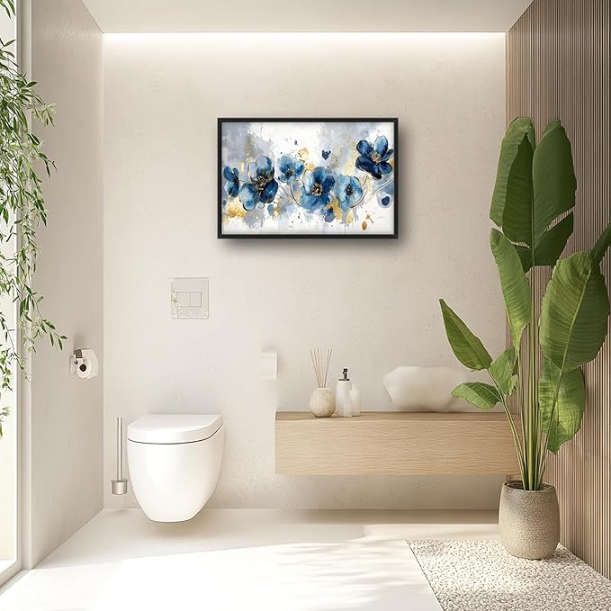 Extra Large Framed Abstract Blue Flower Wall Art,Oversized Golden Grey Floral Wall Decor Pictures for Living Room,Canvas Print Painting Modern Artwork Bedroom Office Bathroom Home Decor 36L" x 24W"-PawvioPets