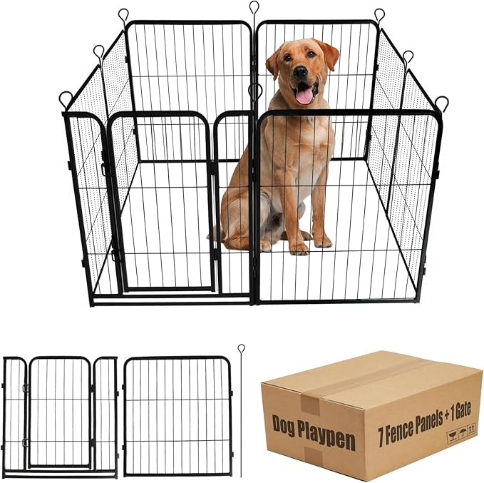Dog Playpen,24 32 40 48 in(H) Pet Fence Outdoor for Rv Camping,Garden Fence Small Animal Barrie for Yard,11Ft(L)-56Ft(L) Black Metal Temporary Fencing-PawvioPets