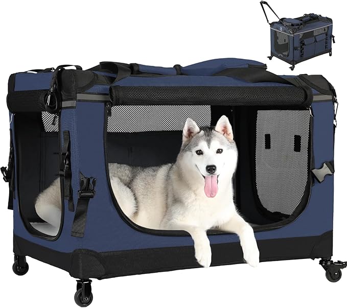 30IN Soft Collapsible Dog Crate w Detachable Wheels, Rolling Travel Dog Crate for Medium Breed Dogs, Portable Dog Kennel with Mesh Windows, Indoor & Outdoor Uses-PawvioPets