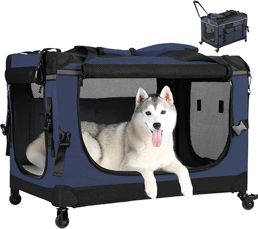 30IN Soft Collapsible Dog Crate w Detachable Wheels, Rolling Travel Dog Crate for Medium Breed Dogs, Portable Dog Kennel with Mesh Windows, Indoor & Outdoor Uses-PawvioPets