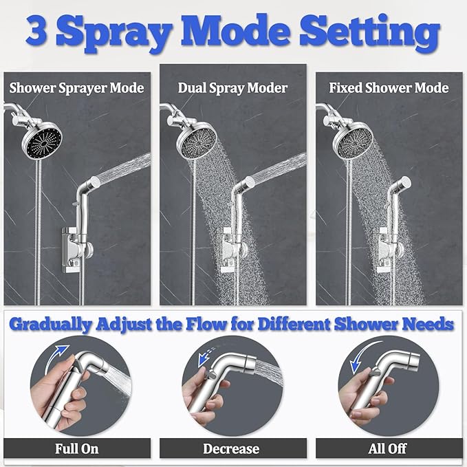 Dog Shower Attachment Metal, YDmeet Pet Washing Hose Attachment for Fast & Clean Bathing, Brass 3 Way Diverter, Adjustable Sprayer wtih Turn Off, 8 ft Hose and Holder, Chrome-PawvioPets