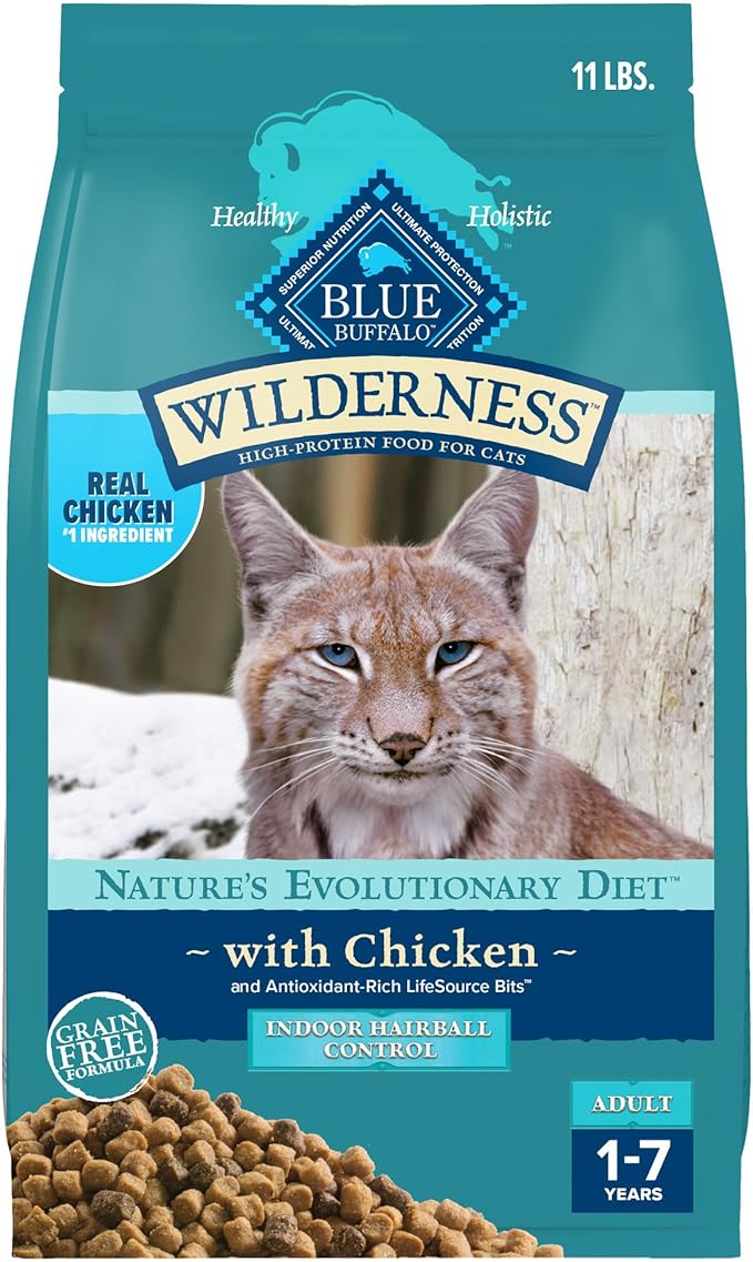 Blue Buffalo Wilderness High-Protein, Grain-Free Natural Dry Food for Adult Cats, Indoor Hairball Control, Chicken, 11-lb. Bag-PawvioPets