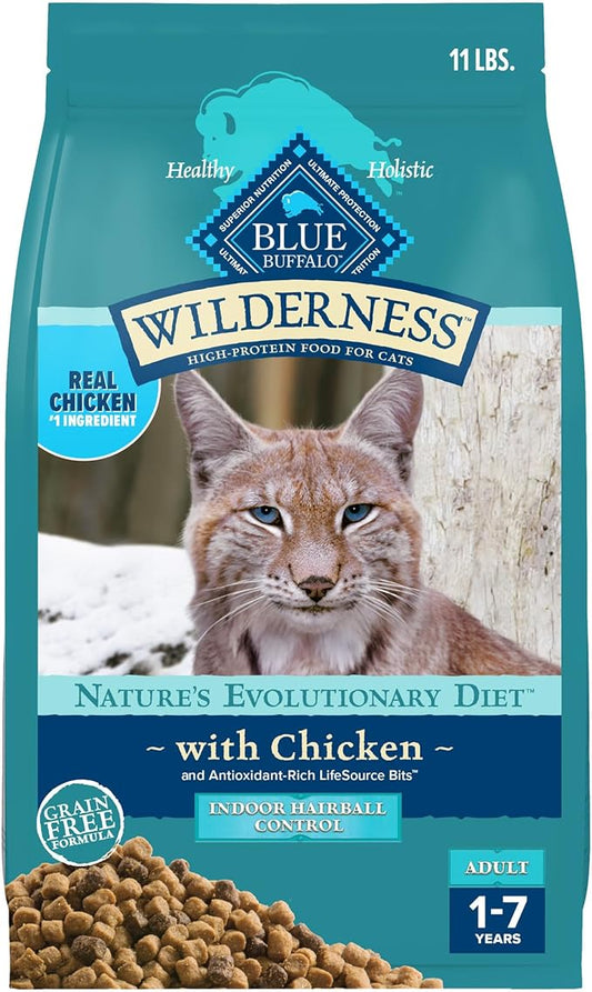 Blue Buffalo Wilderness High-Protein, Grain-Free Natural Dry Food for Adult Cats, Indoor Hairball Control, Chicken, 11-lb. Bag-PawvioPets