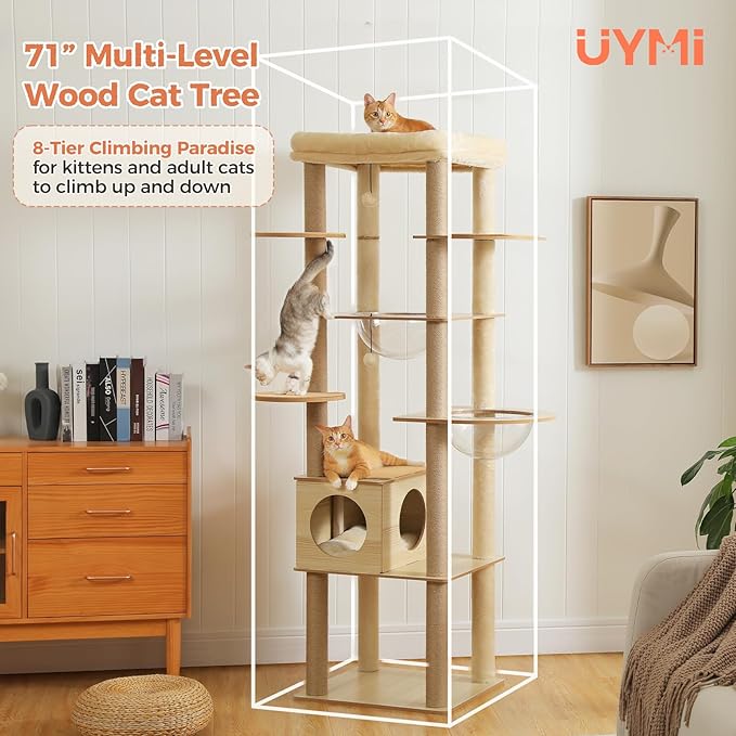 71" Tall Wood Cat Tree for Large Cats, Modern Cat Tower with 2 Acrylic Bowls, Large Top Perch, Spacious Cat Cave (Soft Cushion Included), 10 Sisal Scratching Posts and Non-Slip Jump Platforms-PawvioPets