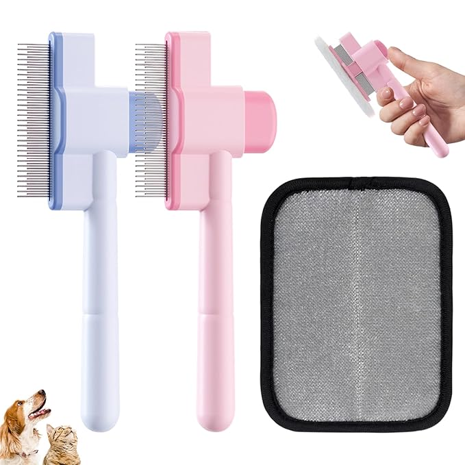 2PCS Flea Comb for Cats and Dogs with Pet Hair Remover Glove, Self Cleaning Pet Flea Cat Grooming Brush with Release Button for Massaging and Cleaning Shedding Pets Hairs-PawvioPets