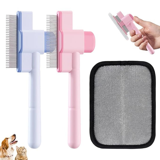 2PCS Flea Comb for Cats and Dogs with Pet Hair Remover Glove, Self Cleaning Pet Flea Cat Grooming Brush with Release Button for Massaging and Cleaning Shedding Pets Hairs-PawvioPets