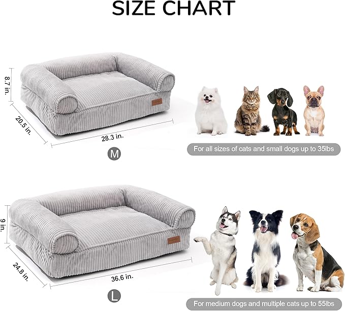 FUKUMARU Dog Couch Bed, Corduroy Cozy Cat Bed for Indoor Cats with Washable Cover, Supportive Waterproof Dog Beds Sofa for Small Dogs and Large Cats Cute, 28inch, Medium, Light Grey-PawvioPets