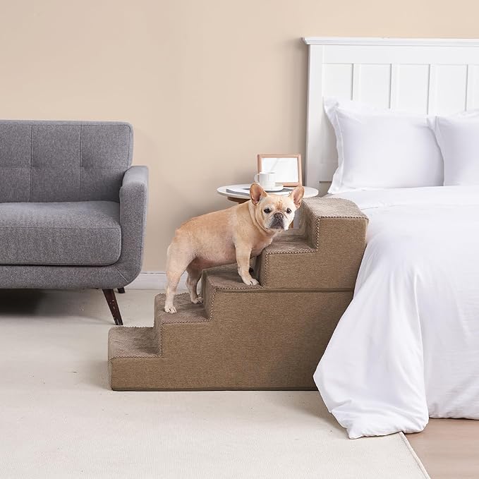EHEYCIGA Dog Stairs for High Bed 25" H, 5-Step Extra Wide Dog Steps for Bed, Pet Steps for Small Dogs and Cats, Non-Slip Balanced Pet Ramp Indoor, Camel-PawvioPets