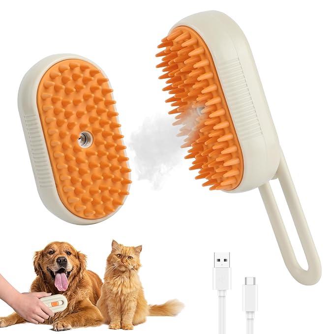 4 in 1 Cat Steam Brush for Shedding, Rechargeable Pet Steam Groomer Brush, Massage, Cleaning, Shedding & Combing Multifunctional Hair Removal Comb for Cats Dogs (Cream color)-PawvioPets