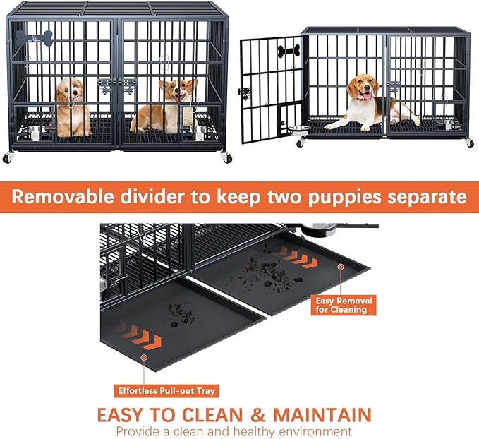 aboxoo 42/48 inch Heavy Duty Metal Dog Crate for 2 Dogs/Large Dog,All Metal Open Top Stackable,Dog Kennel Indoor with Wheels,Floor Grid, Tray, Divider and Feeding Bowl-PawvioPets