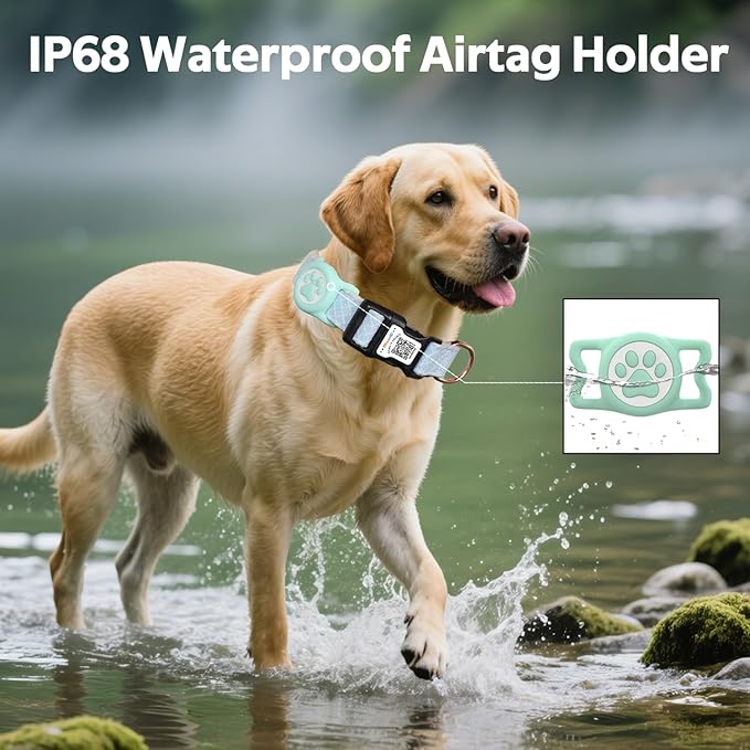 Dog Collar with Waterproof AirTag Holder & Anti-Lost QR Code, Cute Bling Warpping Adjustable Width for Small Medium Large Pet (Light Blue, L)-PawvioPets