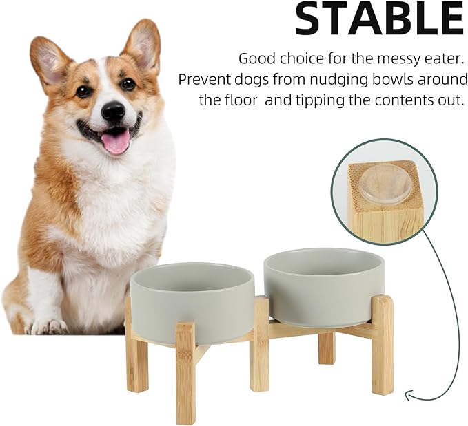 Ceramic Raised Double Bowls Set with Stand, 2 Heights Elevated, Food & Water Bowls for Small Breed Dogs, Weighted Dog Dishes, Pet Bowl(6.1'',28.7oz, Grey)-PawvioPets