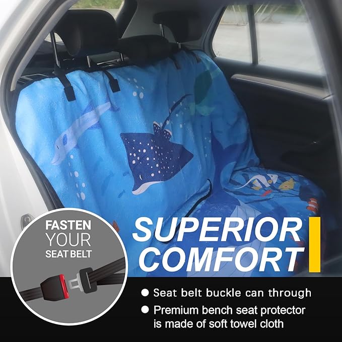 Back Seat Cover for Car Trucks Van SUV,Waterproof Rear Bench Towel Seat Covers for Dogs and Kids,Automotive Backseat Protector (Seaworld)-PawvioPets