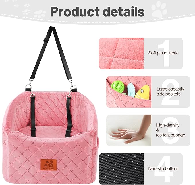 Dog Car Seat for Small Medium Dogs, Memory Foam Pet Booster Seat for Dogs up to 35 lbs, Elevated Dog Carseat, Travel Safety Bed with Washable Removable Cover and Storage Pockets (Pink)-PawvioPets