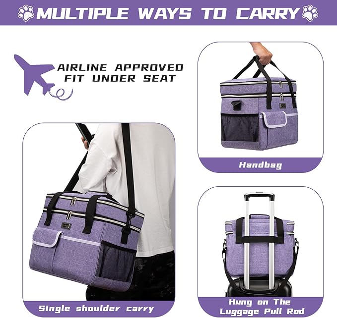 BAGLHER Dog Travel Bag for Supplies - Double-Layer Airline Approved Weekend Pet Travel Organizer Set for Dog and Cat Tote with 2 Pet Food Containers and 2 Collapsible Silicone Bowls Purple-PawvioPets