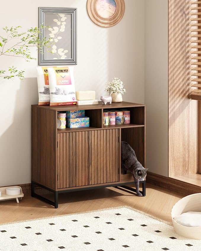 Cat Litter Box Enclosure, Large Hidden Pet Storage Cabinet Furniture with Waveform Fluted Doors & Scratching Pad, Modern Wooden Cat House Indoor for Washroom, Living Room, Bedroom, Rustic Brown-PawvioPets
