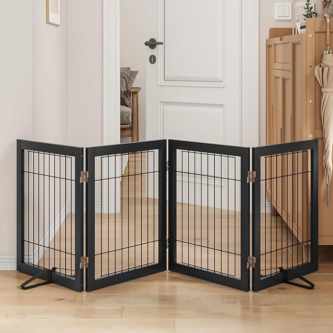 Dog Gate Wire Dog Gates for House Doorways Stairs 24-Inch Freestanding Pet Gate Puppy Fences Indoor (4 Panel, Black)-PawvioPets