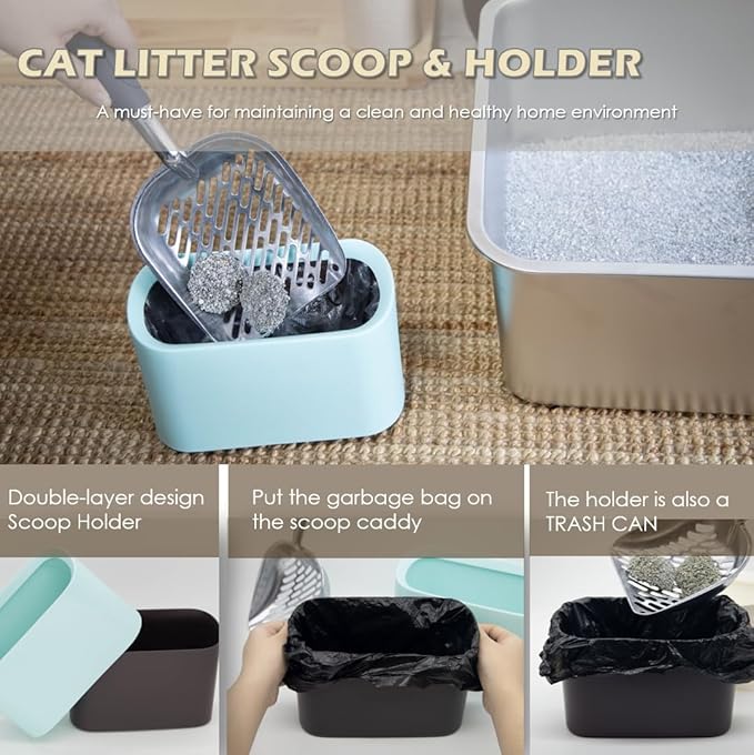 Aluminum Cat Litter Scoop in Holder, Non-Stick Cat Poop Scooper with Holder, Fast Sifting Kitten Poop Lifter and Caddy (Blue)-PawvioPets