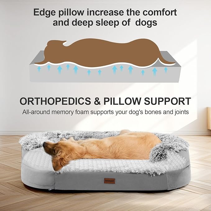 3.7 inch Thickened Orthopedic Dog Beds for Extra Large Dogs, Supportive Dog Sofa Bed with 28D Egg-Crate Foam, Removable Washable Cover, Waterproof Lining, Half-Round Design for Puppy,Senior,Sick-PawvioPets