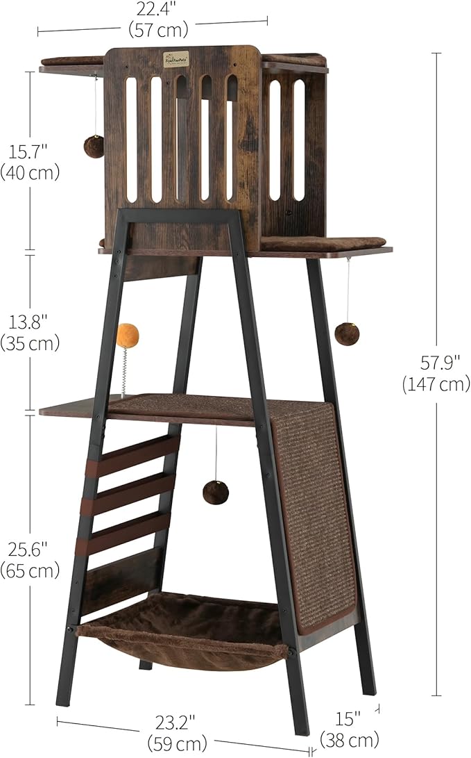 FourFurPets Modern Cat Tree, 58-Inch Cat Tower for Large Cats, Maine Coon Cat Tree with Scratching Board, Large Perch, Hammock and Removable Pads, Rustic Brown-PawvioPets