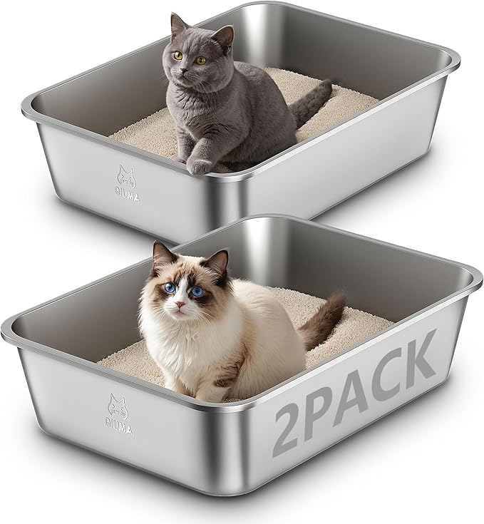 2 Pack Stainless Steel Cat Litter Box, 19.5" L×13.6" W×5.9" H, Metal Kitty Litter Box with High Sided for Big and Small Catss, Non-Stick, Easy to Clean, Odor-Free-PawvioPets
