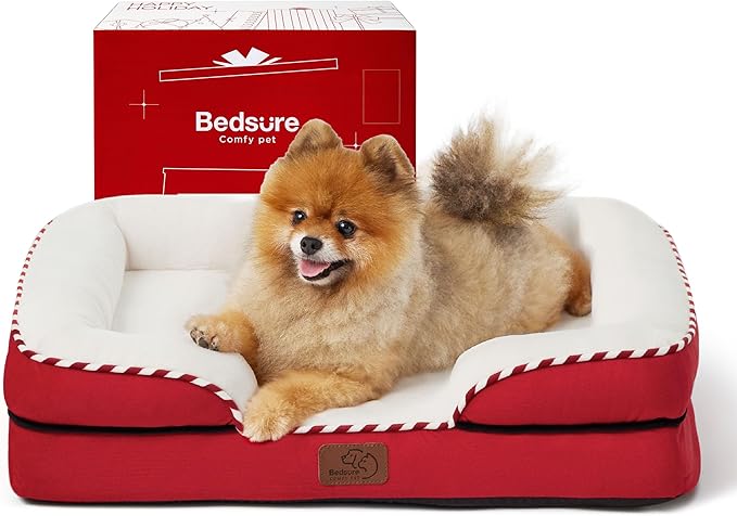Bedsure Orthopedic Dog Beds for Small Dogs - Washable Small Dog Cat Bed Waterproof, Comfort Pet Couch Sofa with Washable Removable Cover, Pets Bed with Nonskid Bottom, Red, 24"-PawvioPets