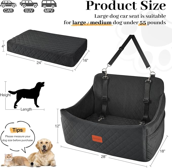Dog Car Seat for Medium & Large Dogs Up to 55lbs, Memory Foam Cushion, Washable Cover, Safety Straps & Non-Slip Bottom(Black,Large)-PawvioPets