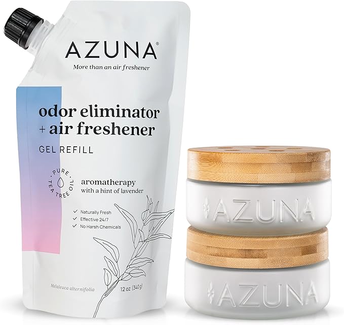 Azuna Air Freshener & Odor Eliminator for Strong Odor | 2 Room Kit Includes (2) 8 oz. Empty Luxe Glass Jars & 12 oz | Refill with Tea Tree Essential Oil Gel | Aromatherapy | Last 60-90 Days-PawvioPets