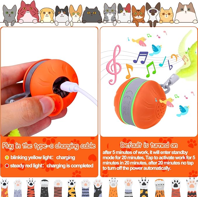 AIERSA Interactive Cat Toys for Indoor Adult Cats, Automatic Self-Play Cat Ball Toy for Kitten to Keep Them Busy, Electric Moving Chase Toy (Orange)-PawvioPets