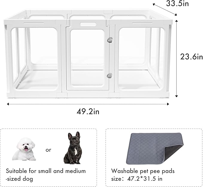Acrylic Dog Playpen with Door, 24" 10PCS Clear Pet Play Pen Indoor for Small Animals, Transparent Puppy Fence Kennel Rabbit Ferret, Doggie Cages Yard Easy Assemble-PawvioPets