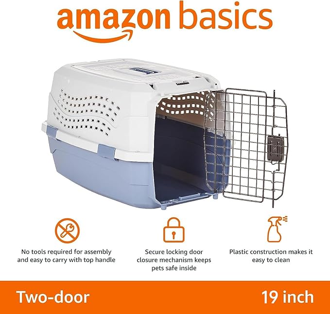 Amazon Basics 2-Door Top-Load Hard-Sided Cat Pet Travel Carrier, 19.0" L x 12.6" W x 10.0" H, Gray & Blue-PawvioPets