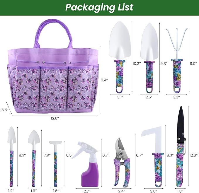 Gardening Tool Set 10-Piece, Heavy Duty Garden Tool Set with Purple Floral Tote Bag and Gift Box, Gardening Tools Kit with Ergonomic Non-Slip Handle, Ideal Gardening Gifts for Women Mom-PawvioPets