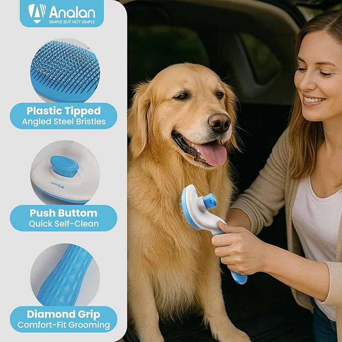 3 in 1 Analan Cat Brush Pet Hair Remover for Dog & Cat, Self-Cleaning Slicker Brush for Pet Grooming, Perfect Pet Hair Removal Tool for Furniture Carpets Couches and Bedding (Sky Blue)-PawvioPets