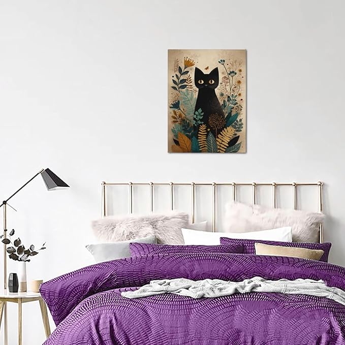 Boho Black Cat Wall Art Kitten Botanical Wall Decor Mid Century Modern Canvas Painting Print Minimalist Pictures Artwork Framed Decorations Gifts for Cat Lover Bathroom Nursery Living Room Bedroom Kitchen 12"x16"-PawvioPets