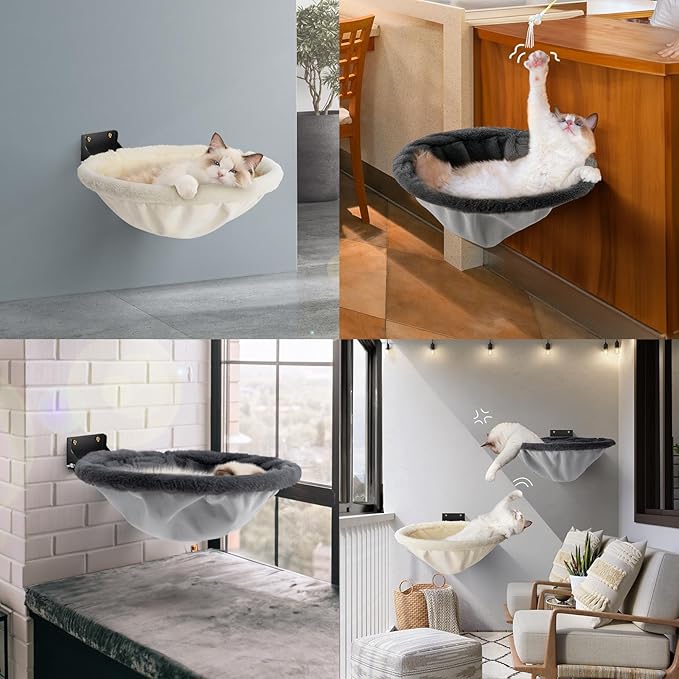 Cat Hammock Wall Mounted, Foldable & Stable Cat Beds- Breathable Cats Wall Shelves for Sleeping, Playing, Climbing, and Lounging - Maximum Hold Up to 30lb（Gray+Cream,Faux Rabbit Fur）-PawvioPets