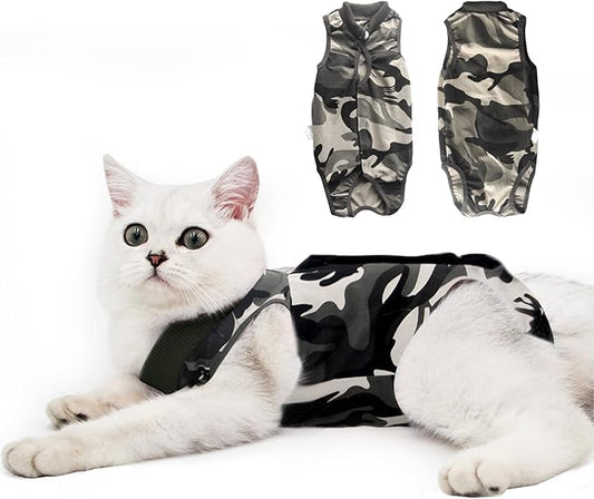 DOTON Cat Recovery Suit for Male and Female Surgical Post Surgery Soft Cone Onesie Shirt Clothes Neuter Licking Protective Diapers Outfit Cover Kitten Spay Collar(L, Camouflage)-PawvioPets