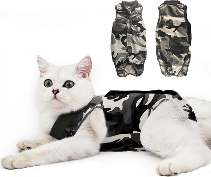 DOTON Cat Recovery Suit for Male and Female Surgical Post Surgery Soft Cone Onesie Shirt Clothes Neuter Licking Protective Diapers Outfit Cover Kitten Spay Collar(M, Camouflage)-PawvioPets