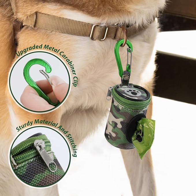 Dog Poop Bag Holder for Leash Doggie Waste Bag Dispenser Puppy Potty Carrier Small Doggy Zipper Pouch with Carabiner Clip 1680D Nylon Oxford with 1 Roll of Pet Trash Bags, Woodland Camo-PawvioPets