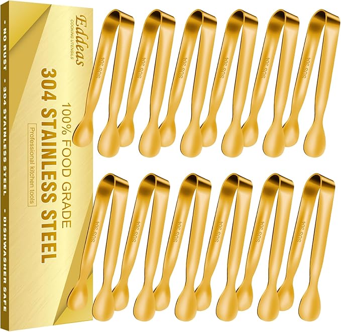 12 PCS Small Serving Tongs, 4.3" Mini Gold Tongs, Gold Kitchen Tongs for Serving Food, Coffee Bar, Tea Party, Desserts Party and Ice Bucket-PawvioPets