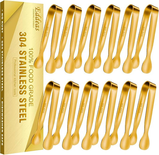 12 PCS Small Serving Tongs, 4.3" Mini Gold Tongs, Gold Kitchen Tongs for Serving Food, Coffee Bar, Tea Party, Desserts Party and Ice Bucket-PawvioPets