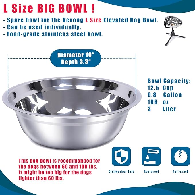 2 Pack, L Size Bowls, Matches Vexong L Size Elevated Dog Bowl Stand, for Dogs Between 60 and 100 lb, Stainless Steel Dog Bowl, Capacity 0.8 Gal / 12.5 Cup / 106 Oz / 3 Liter, Rustproof, Durable,-PawvioPets