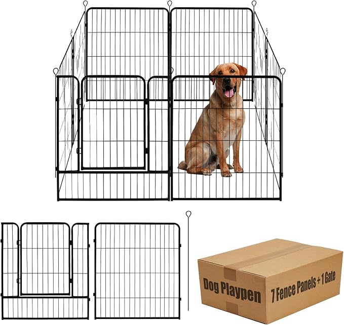 Dog Playpen,24 32 40 48 in(H) Pet Fence Outdoor for Rv Camping,Garden Fence Medium Animal Barrie for Yard,11Ft(L)-56Ft(L) Black Metal Temporary Fencing-PawvioPets