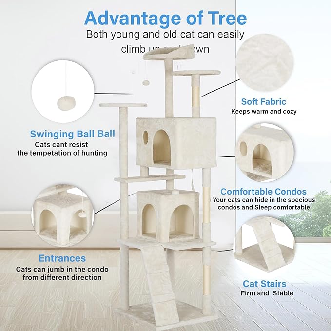 FDW Cat Tree Tower 81in Multi-Level Durable Cat Scratching Post & Cozy Fun Jumping Platform Space Saving Condo Pet Play House for Indoor Cats,Beige-PawvioPets